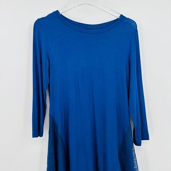 LOGO Lori Goldstein Size XS Navy Blue Lace Back Stretch Tunic Top 3/4 Sleeve - Picture 2 of 8